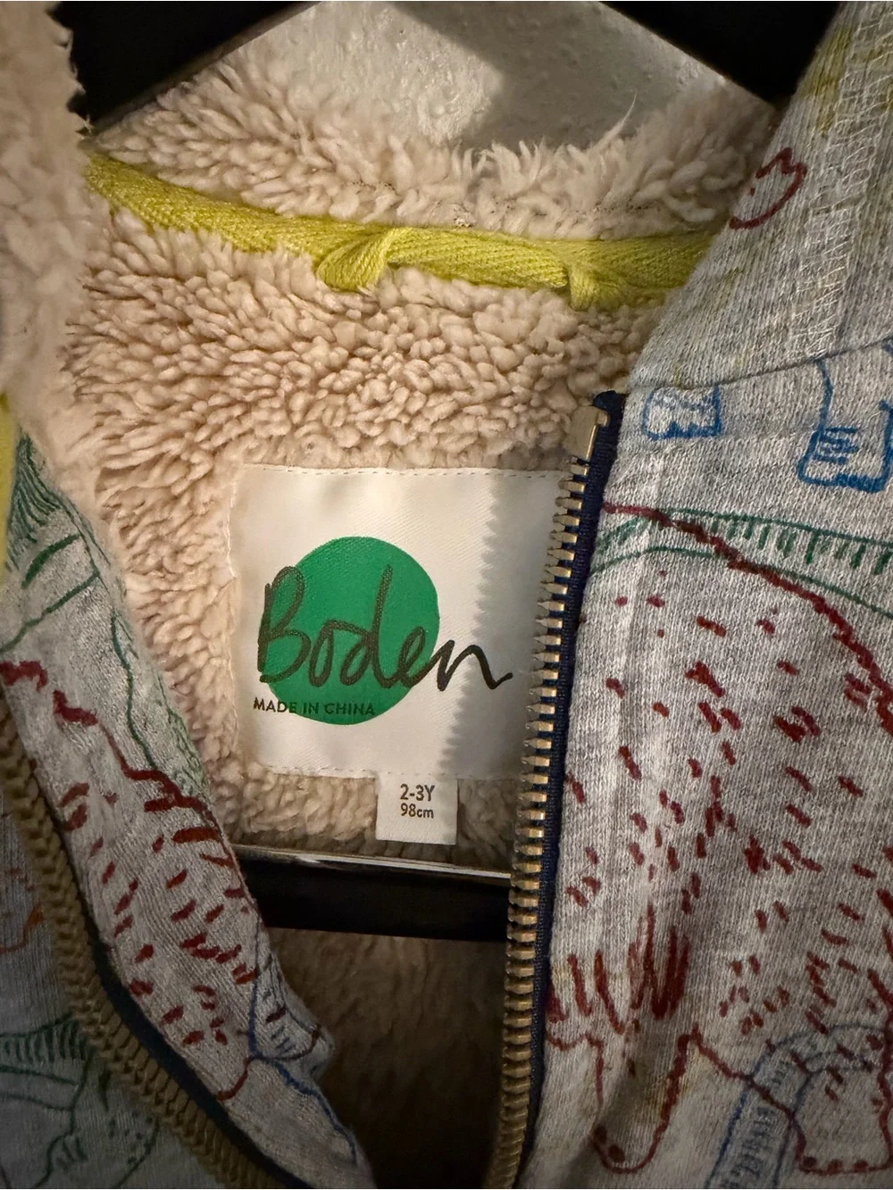 Mini Boden Kids’ Gray Dinosaur Print Zip-Up Sherpa-Lined Hoodie Size 2-3Y